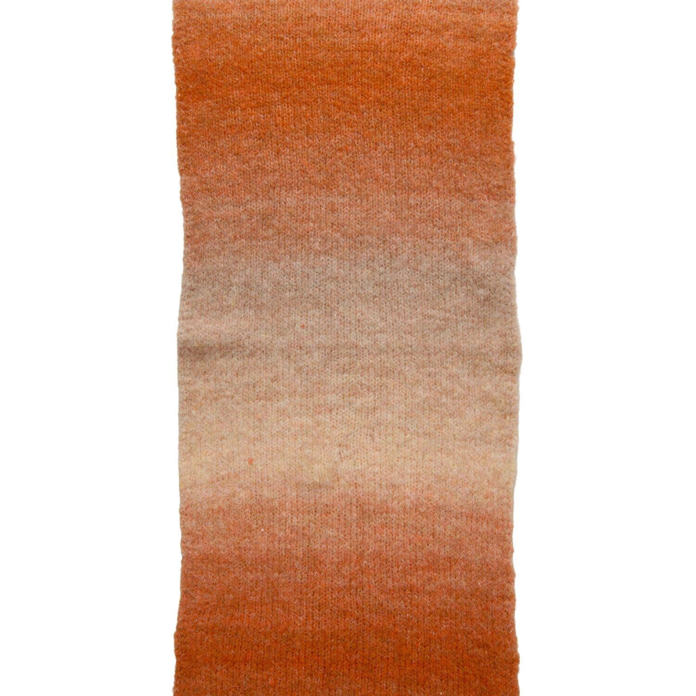 A vertical rectangular knit fabric swatch with a gradient color transition from orange at the top and bottom to a light beige in the middle, shown on a plain white background.