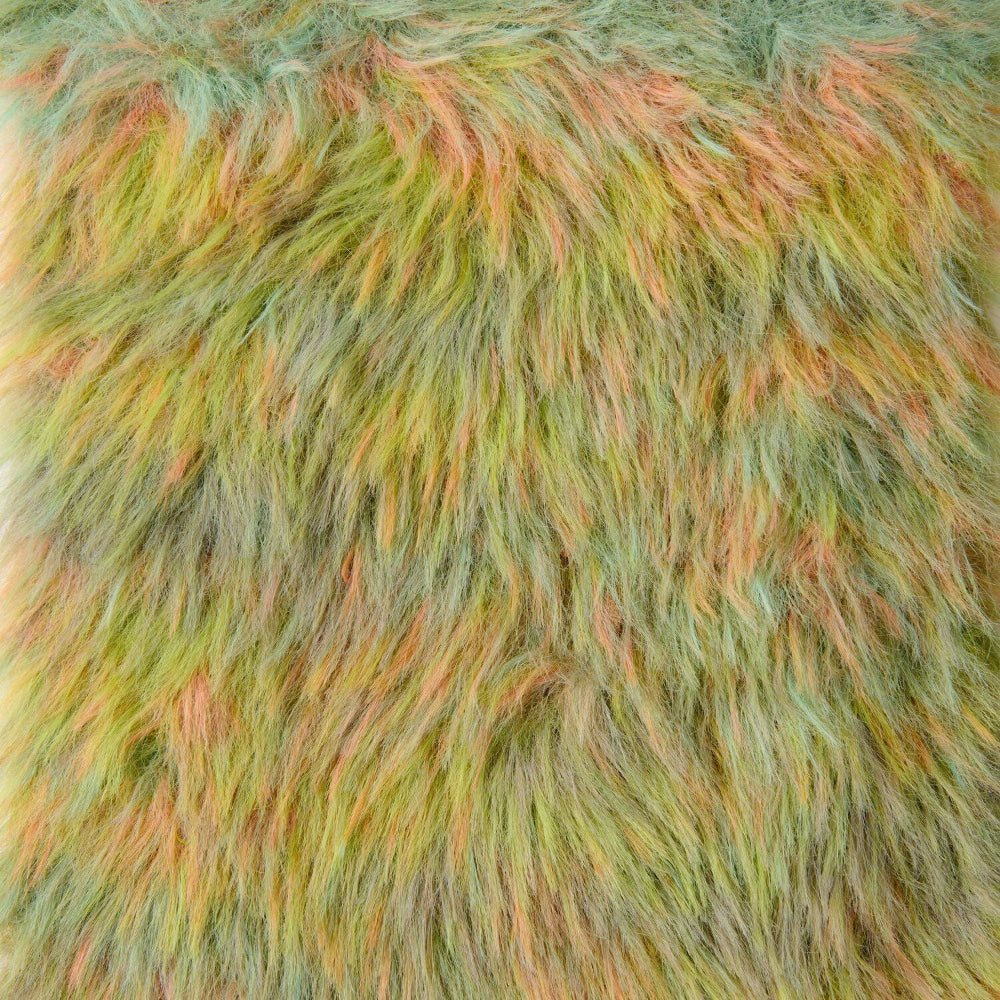 Close-up of shaggy faux fur fabric with a mottled pastel mix of green, yellow, orange, and beige tones.