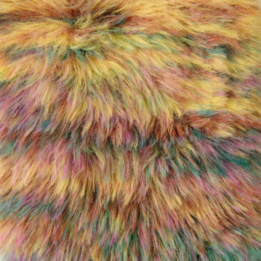 Close-up of a fluffy faux fur fabric with a multicolor blend of yellow, pink, orange, and teal.