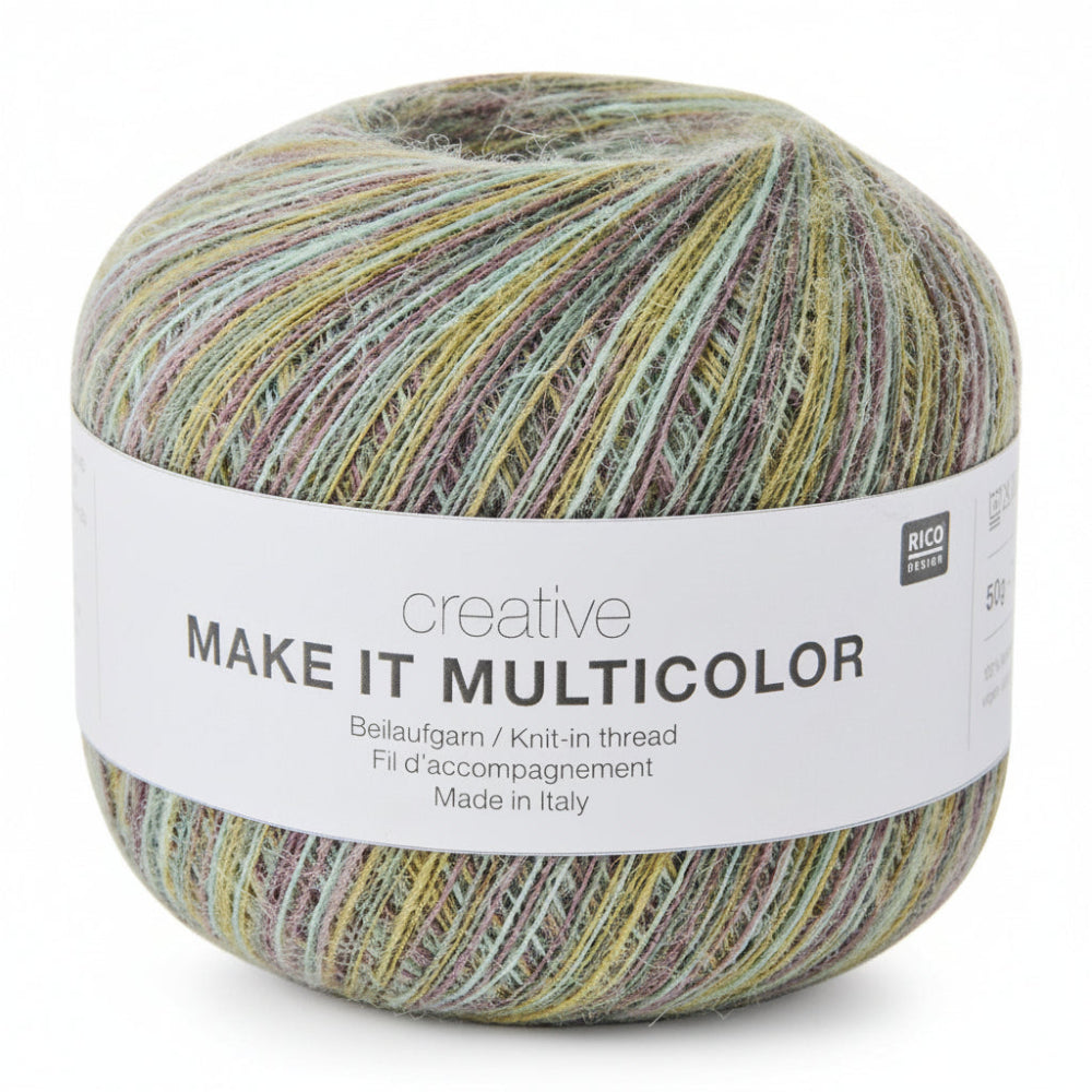A ball of RICO DESIGN creative MAKE IT MULTICOLOR knit-in thread yarn, featuring a white paper label with black text, set against a plain white background.