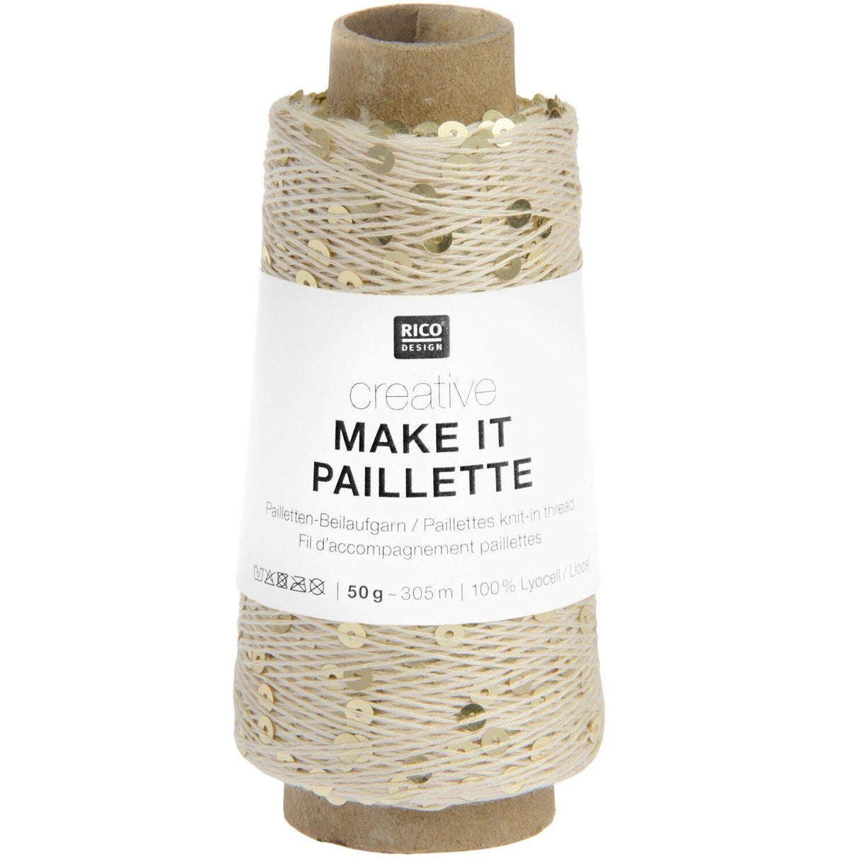 A spool of Rico Design Creative Make It Paillelette craft thread, featuring a white paper label with black text and a brown cardboard core, set against a plain white background.