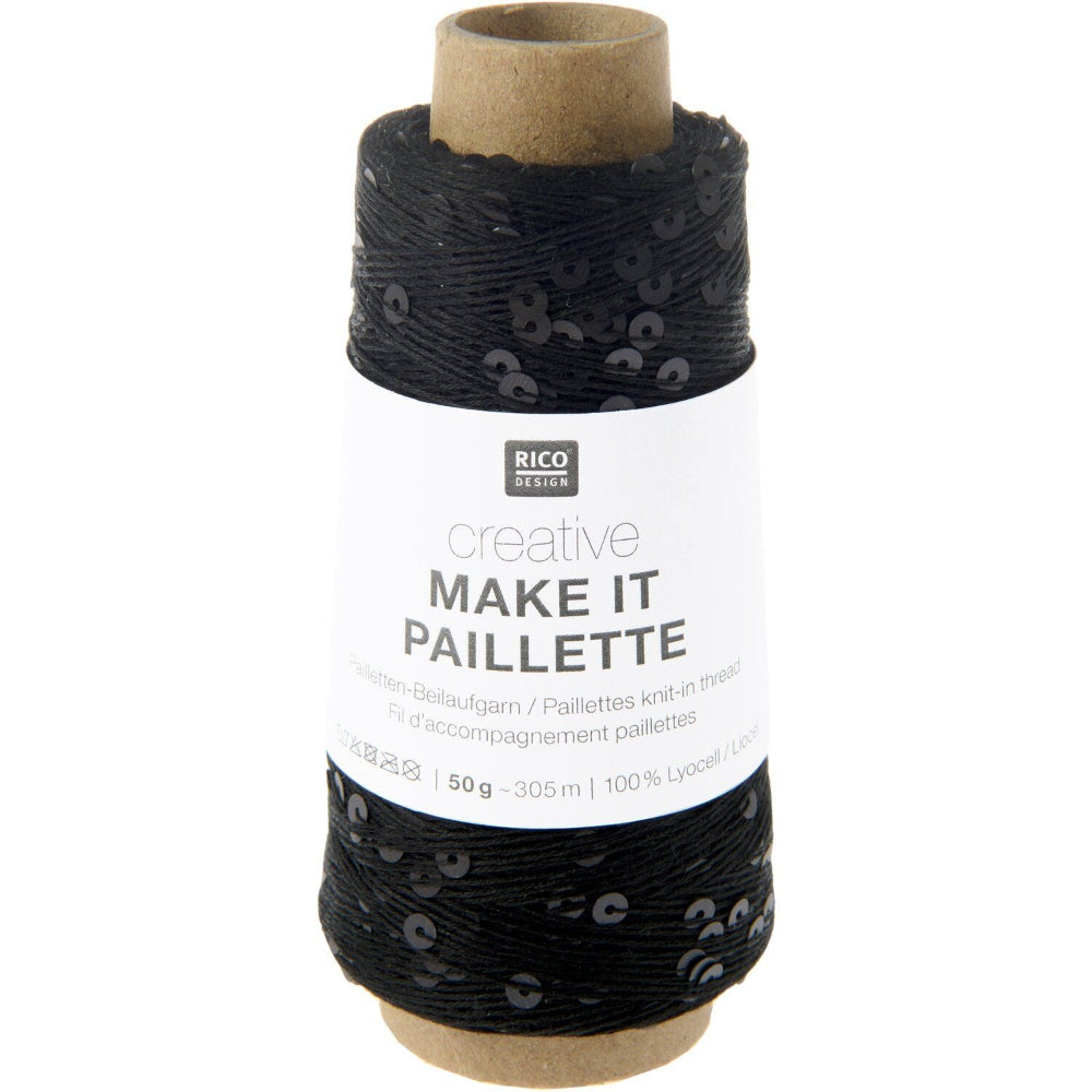 A spool of black knitted thread labeled 'RICO DESIGN creative MAKE IT PAILLETTE' on a white background.