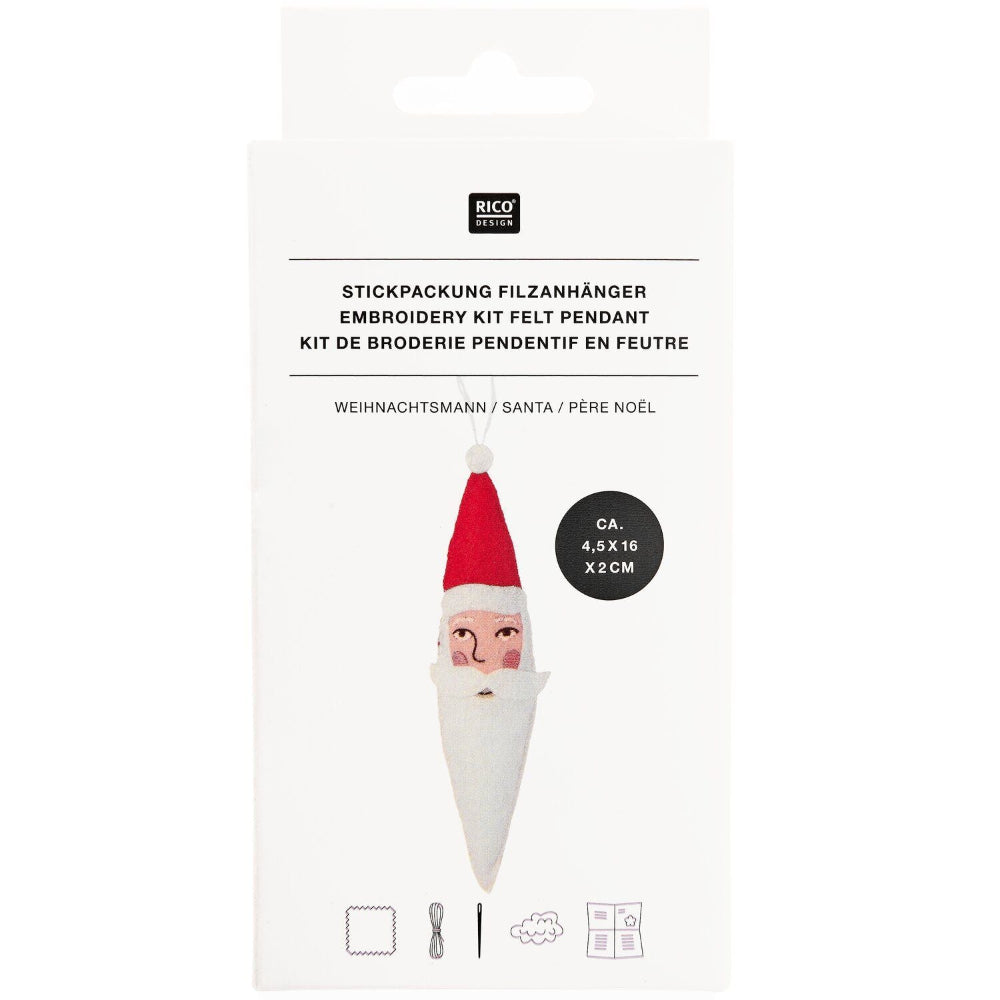 Rico Design Christmas felt hanger kit in its original white packaging, featuring a Santa Claus face embroidery kit with a size indicator of 4.5 x 16 cm.