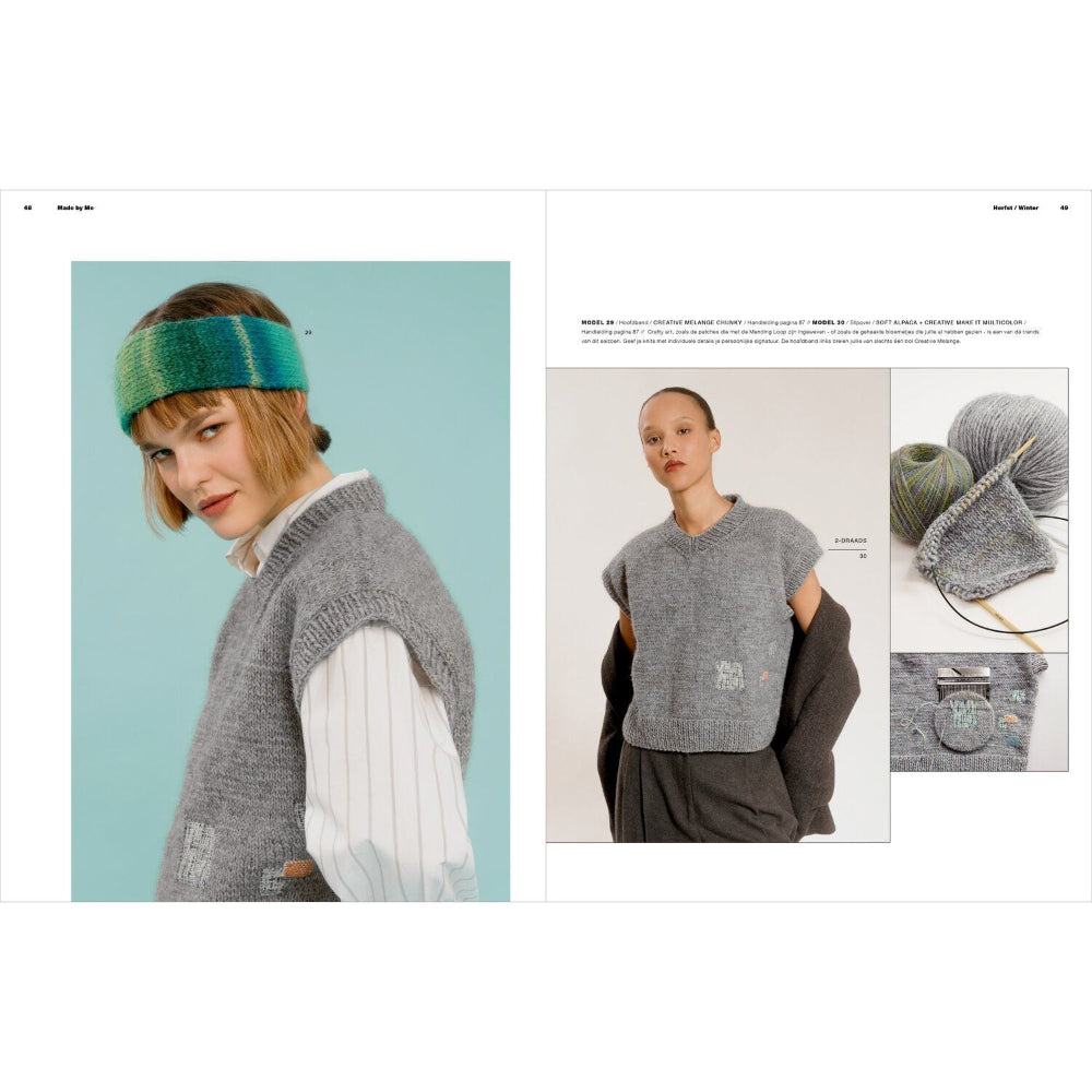 A two-page spread from a knitting pattern book or magazine showing a gray knit sweater vest and matching headband. The left page features a model wearing the gray sleeveless knit vest over a white striped shirt with a teal-green headband against a light blue background.