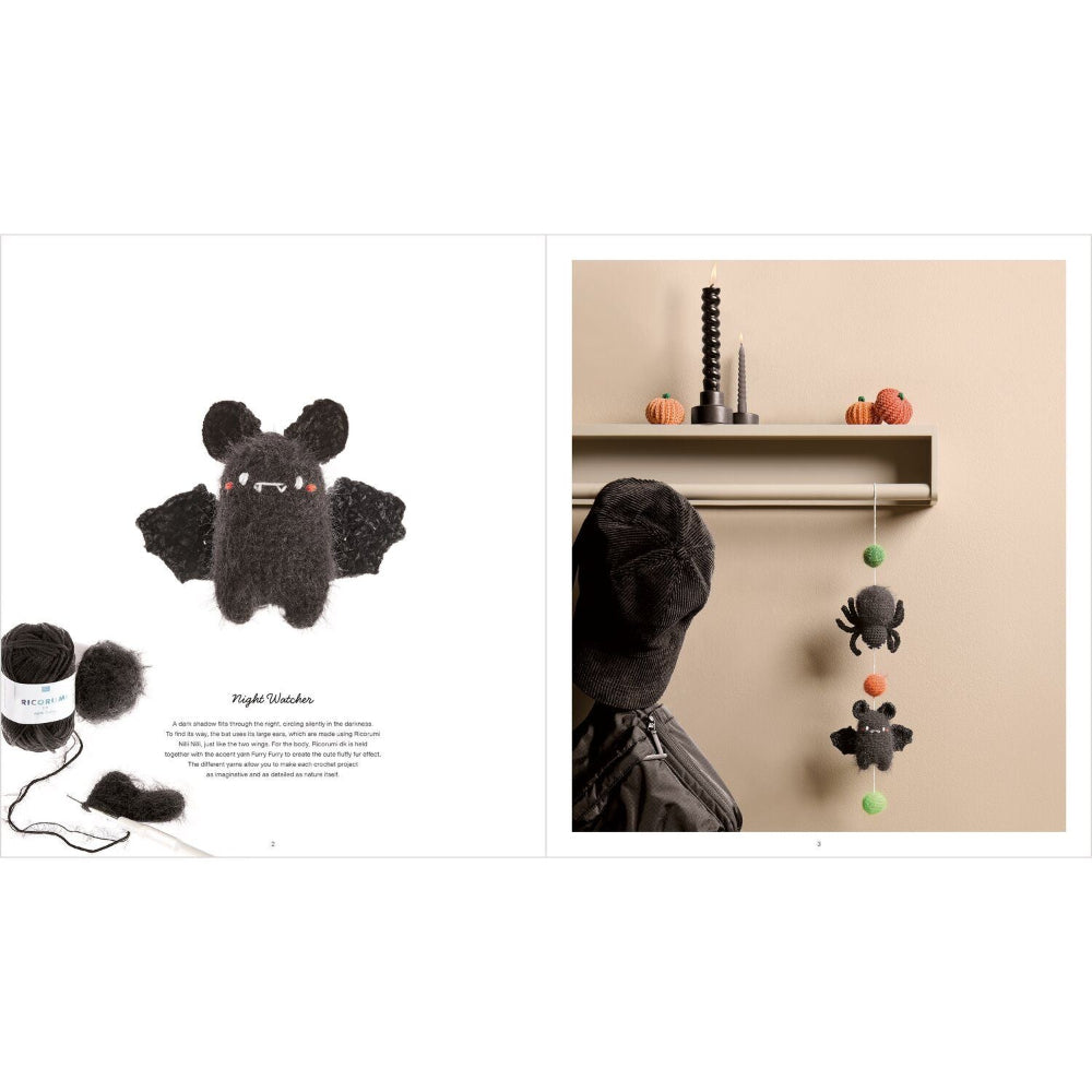 A two-page knitting pattern booklet spread showing a black crocheted bat toy on the left and a styled room scene with a black bat-shaped wall hanging on a shelf on the right.