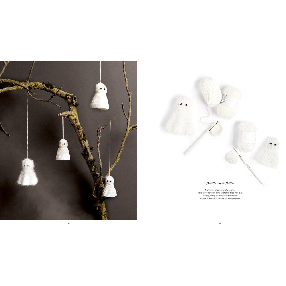 A two-panel product presentation of white crochet ghost ornaments. The left panel shows several white felt ghosts hanging from thin strings attached to a rustic tree branch against a dark gray background.