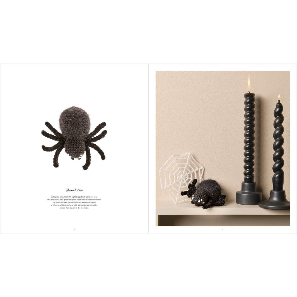 A product catalog spread showing a crocheted black spider on the left and a styled scene with black spiral candles and a small crocheted spider on a shelf on the right.