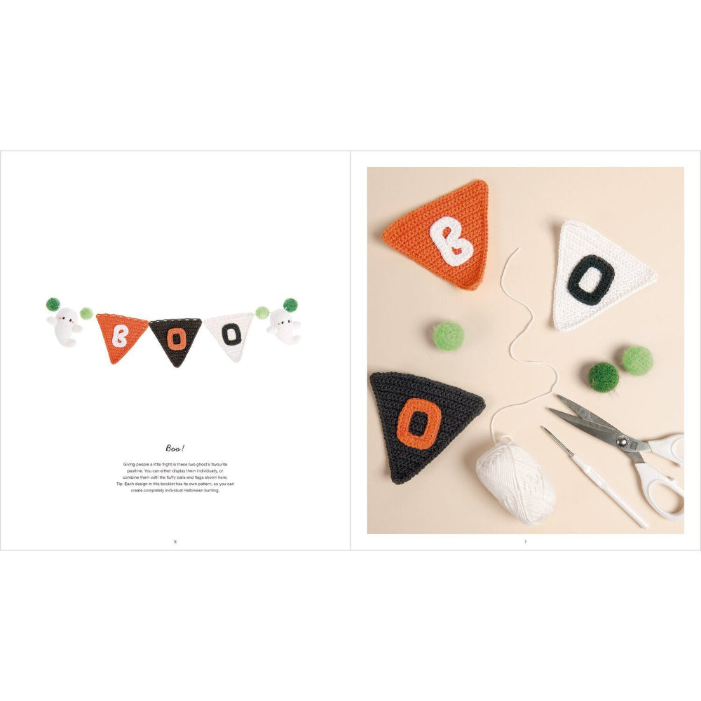 A two-panel product presentation showing a crocheted Halloween banner. The left panel shows the completed banner with white ghost flags and orange, black, and white letter 'O' flags, labeled 'BOO'.