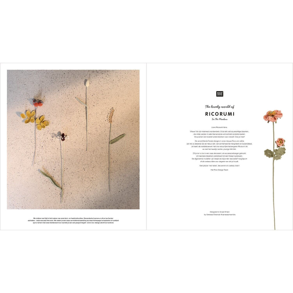 An open book or booklet spread showing botanical artwork and text. The left page has a square photo of crochet flowers pressed against a textured beige background, with small captions below.