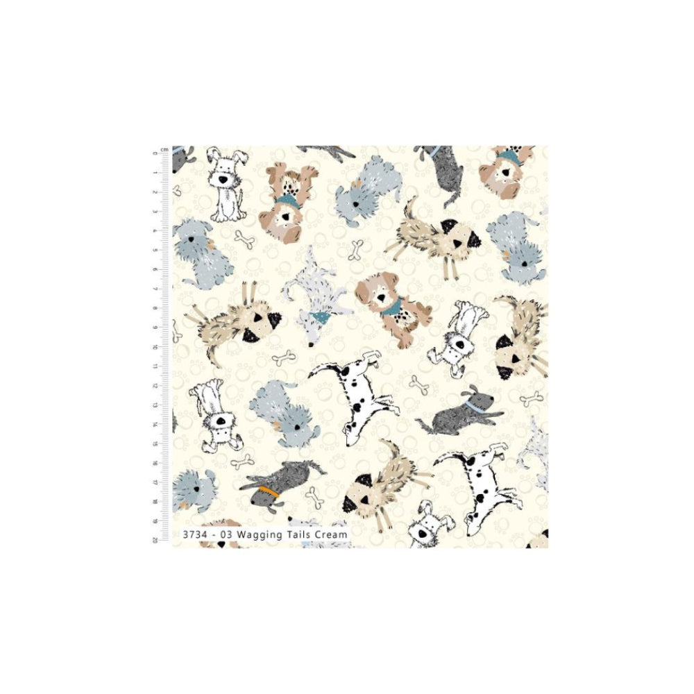 Ruff and Tumble 100% Cotton Fabric Wagging Tails Cream