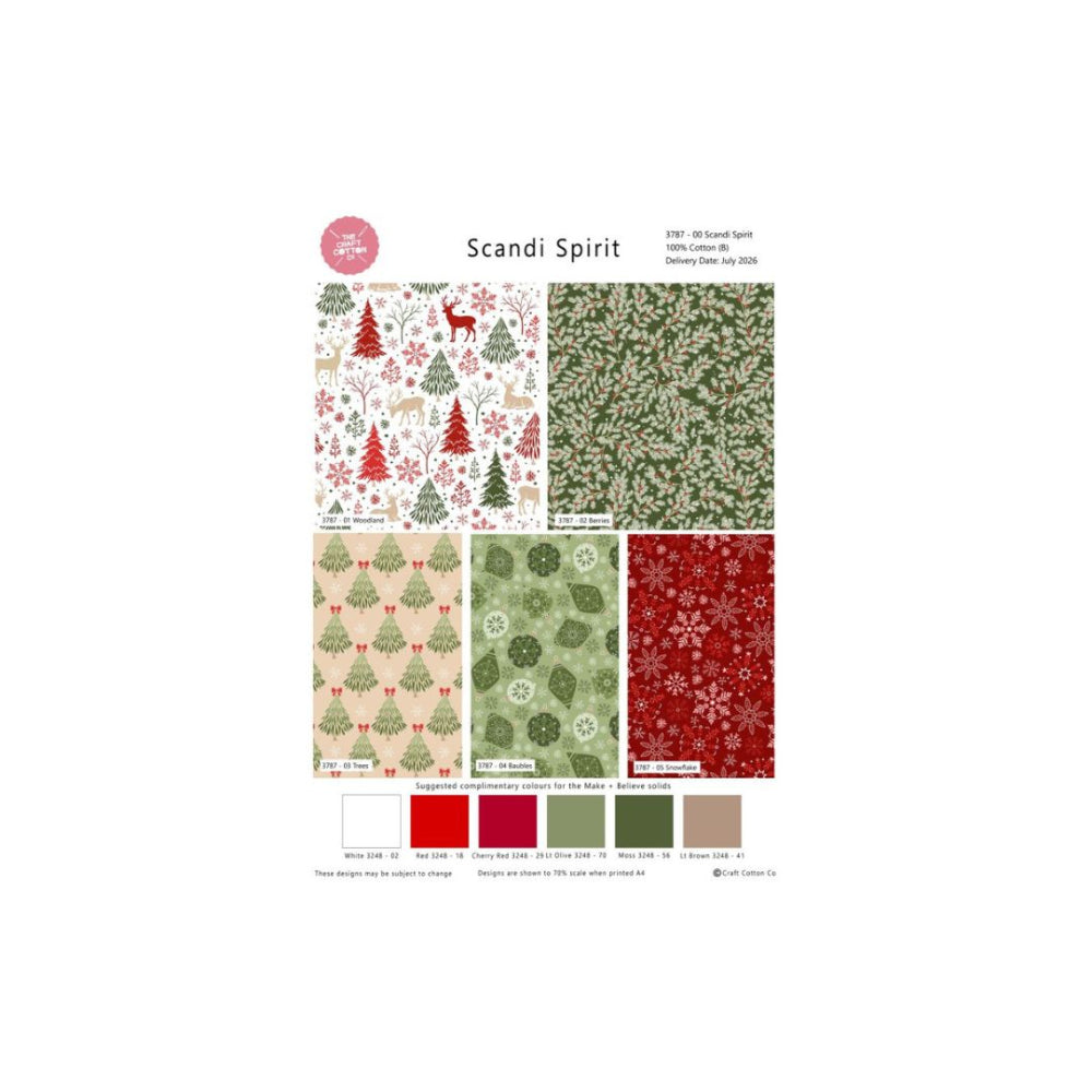 Scandi Spirit holiday fabric collection swatch sheet featuring six different Christmas-themed patterned fabric in green, red, beige, and white, with colour swatches and brand information.