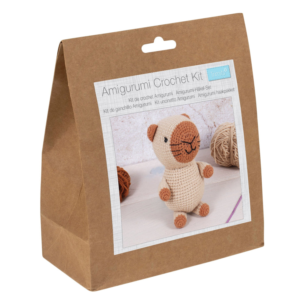 Amigurumi crochet kit packaging with a picture of a small capybara on a white background