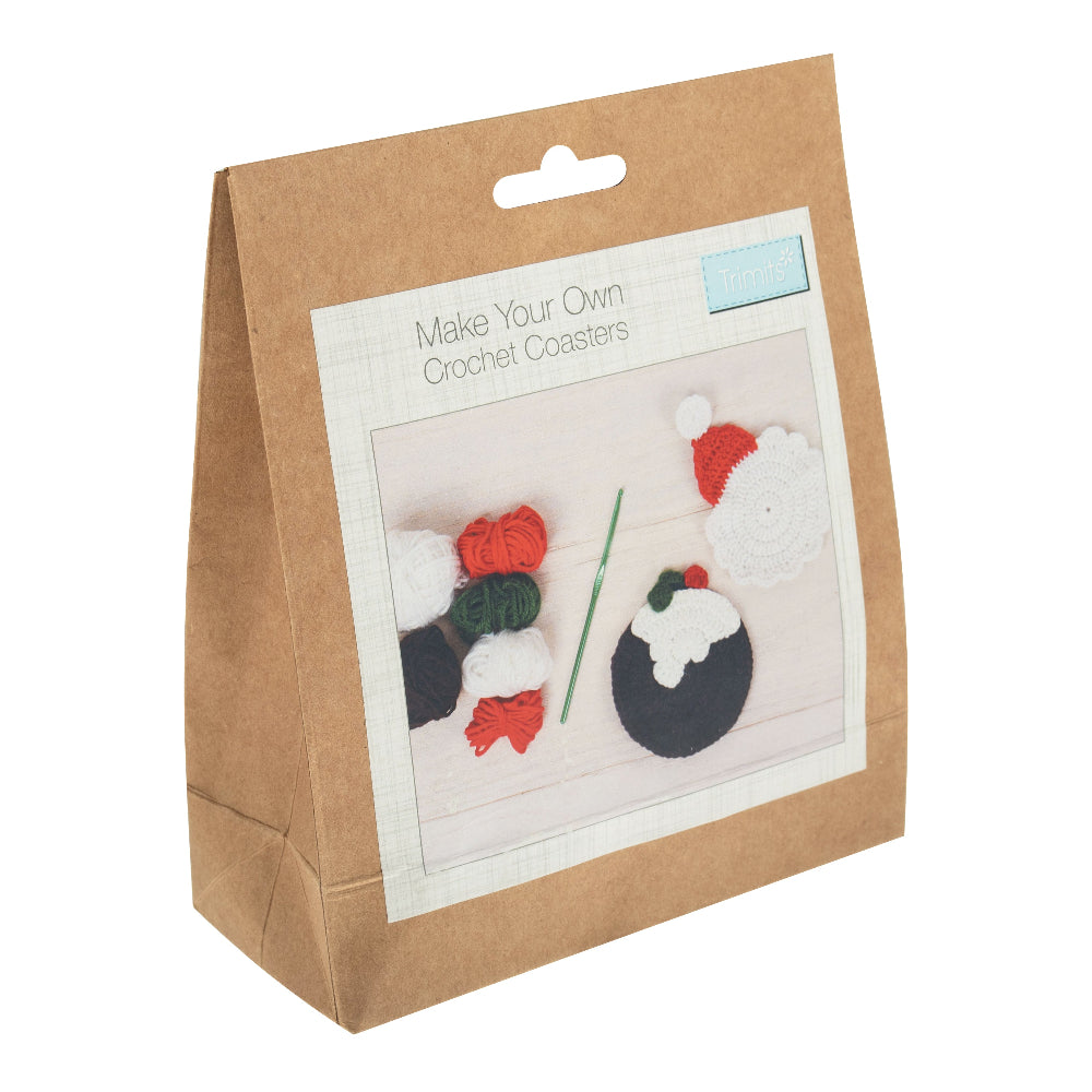 Kraft paper packaging for 'Make Your Own Crochet Coasters' kit with illustrations on a white background.