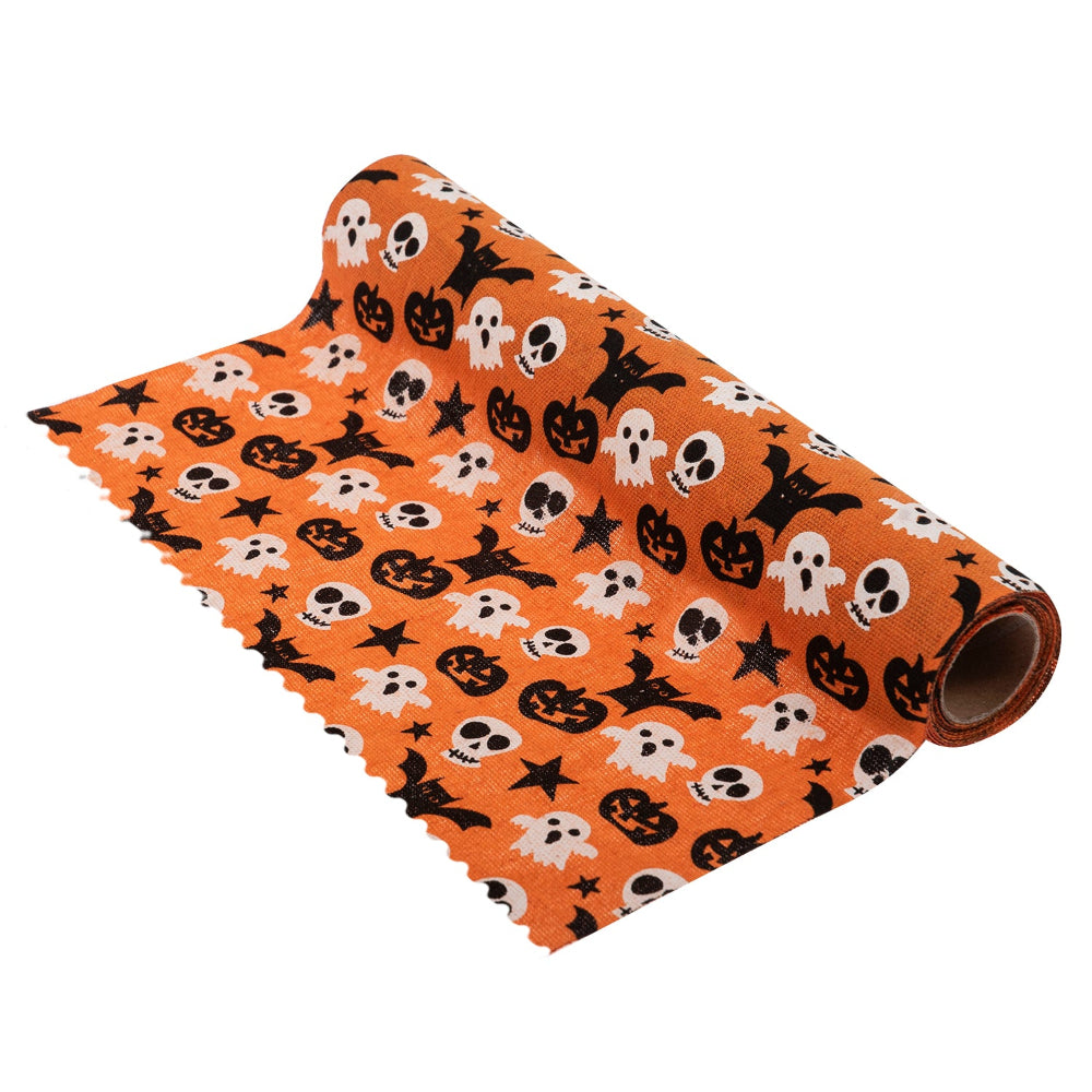A roll of orange fabric with a Halloween pattern featuring black pumpkins, white ghosts, and black stars, shown on a plain white background.