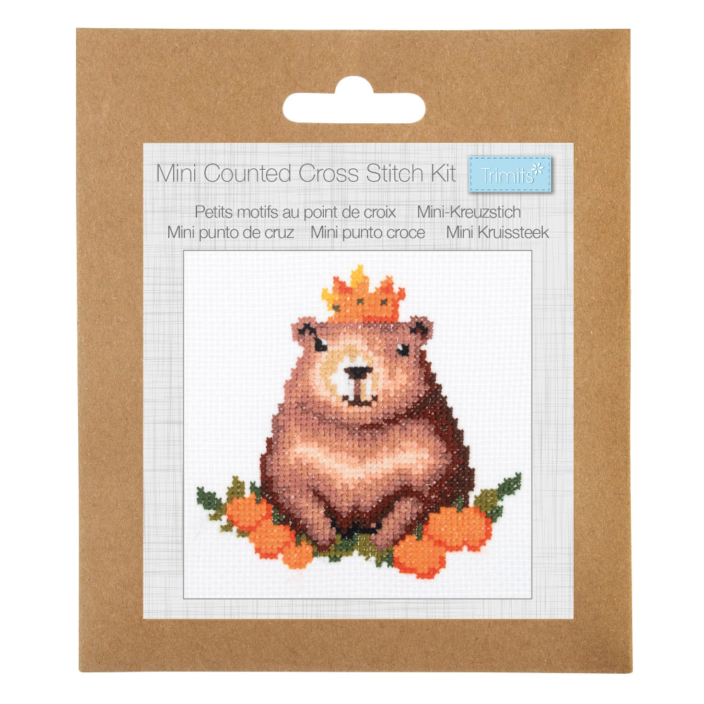 A Mini Counted Cross Stitch Kit by Trimmits, featuring a brown groundhog with an orange crown and green leaves, presented on its brown cardboard packaging.