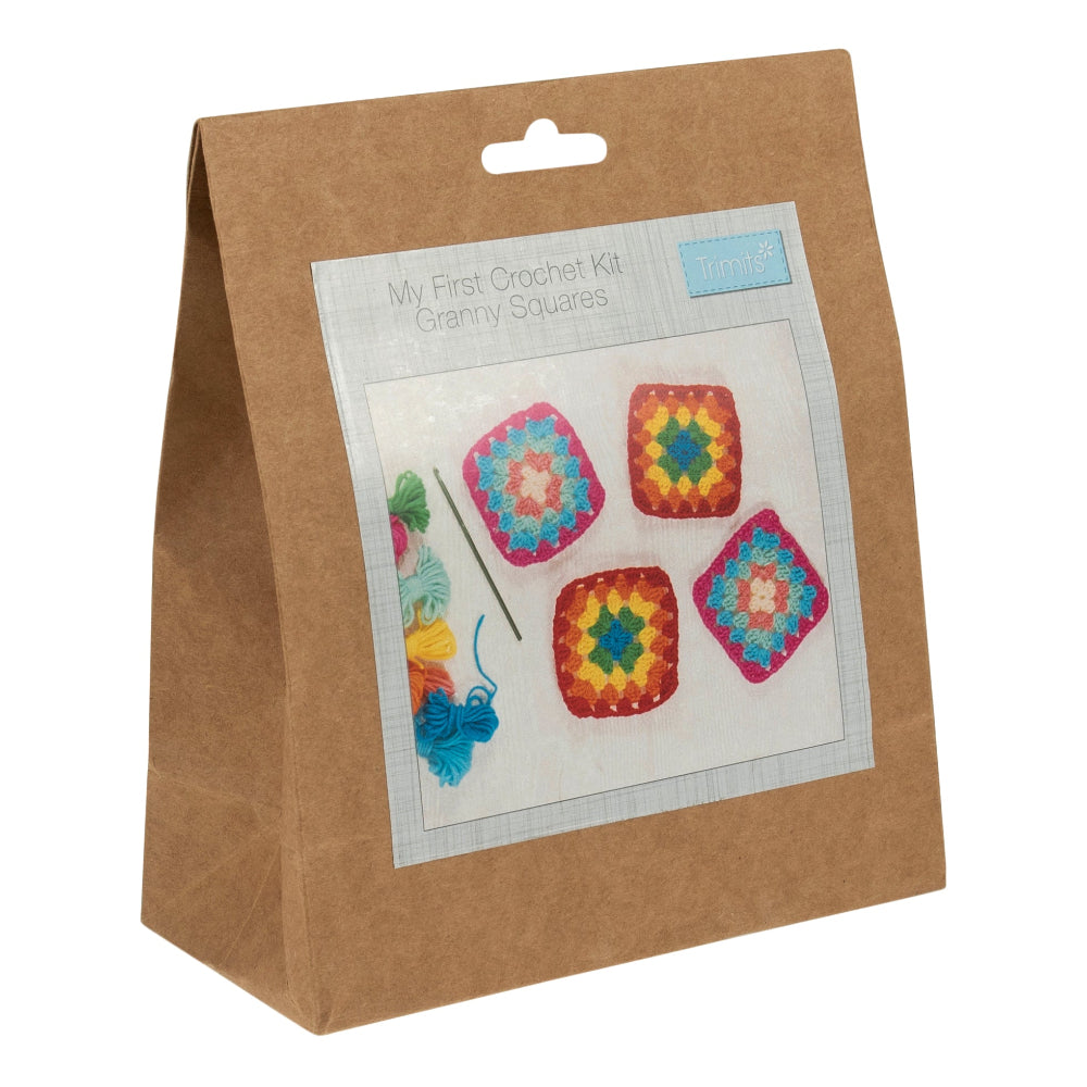 Crochet kit packaging with colourful granny squares on a white background