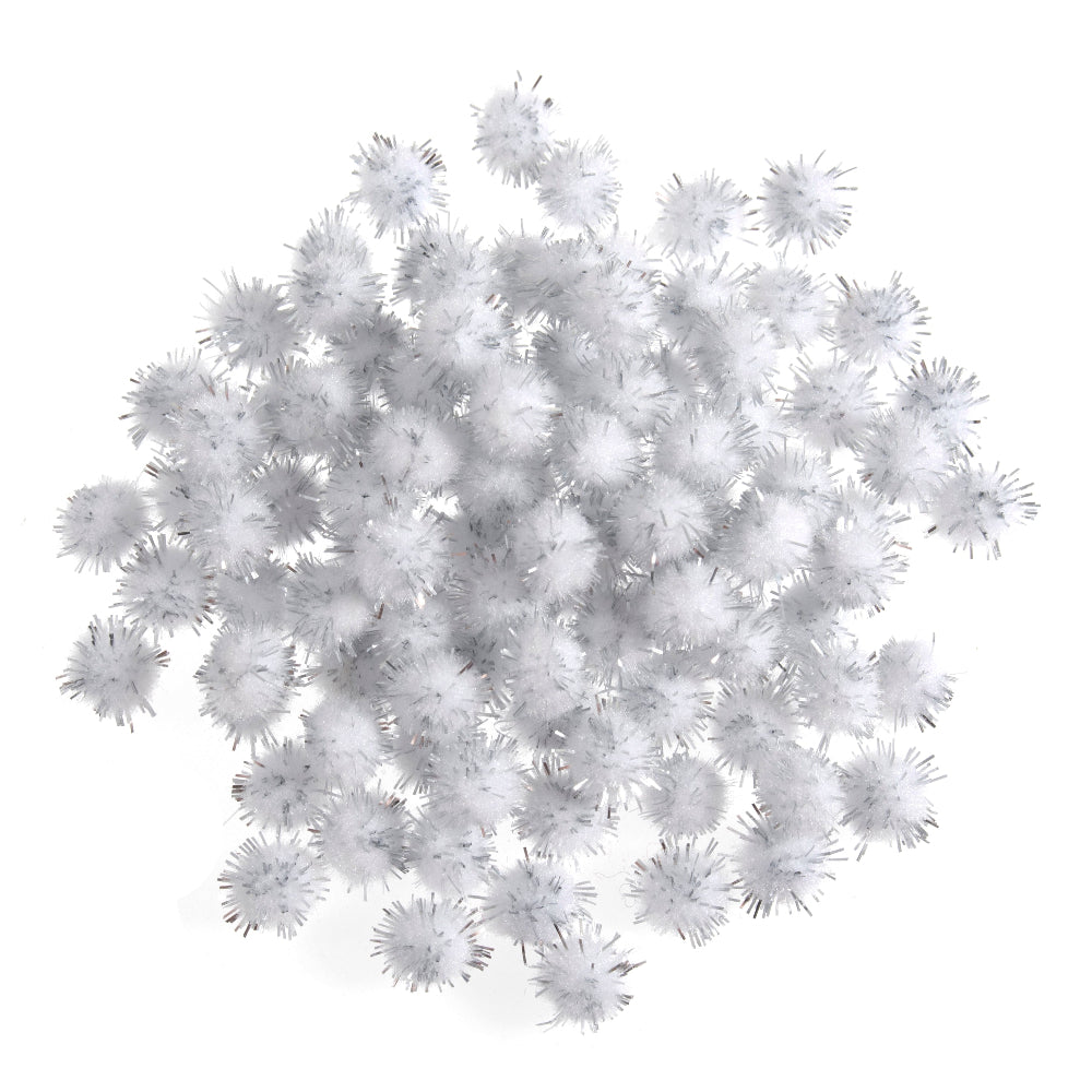 A cluster of small white fluffy pom-pom decorations on a plain white background.