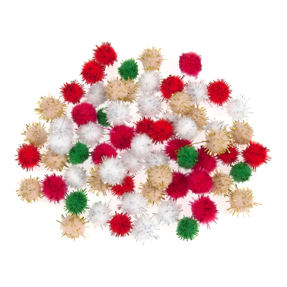 A pile of Christmas tinsel pom-poms in red, green, white, and beige, arranged in a circular cluster on a solid white background.
