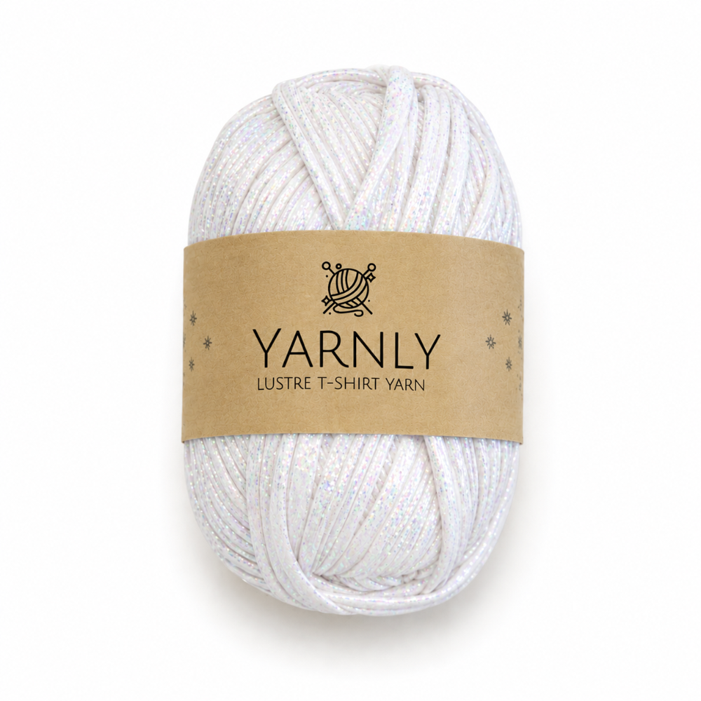 A skein of white yarn with a brown paper label reading 'YARNLY LUSTRE T-SHIRT YARN' on a clean white background.