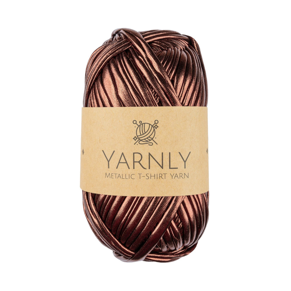 Ball of copper metallic yarn with Yarnly label on a white background