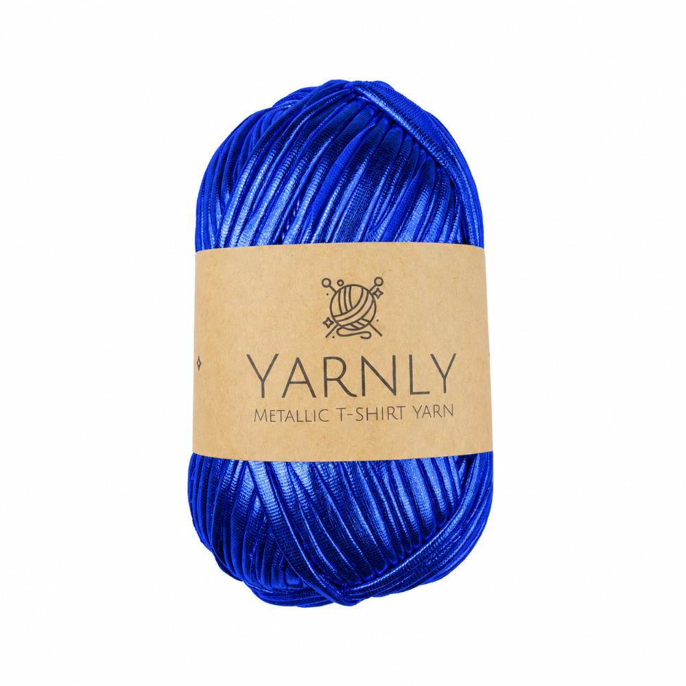 A skein of metallic royal blue t-shirt yarn wrapped in a kraft paper label that reads 'YARNLY METALLIC T-SHIRT YARN' on a plain white background.
