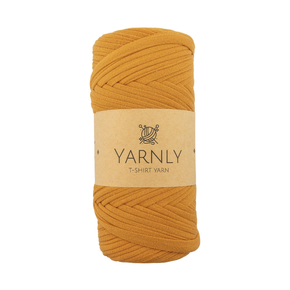 Mustard yellow yarn ball with a Yarnly label on a white background