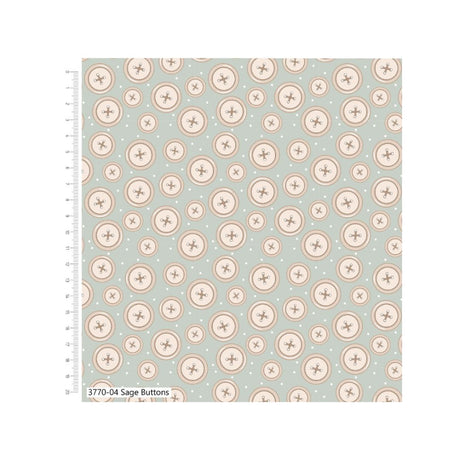 100% Cotton Fabric Toybox Treasures Sage Buttons