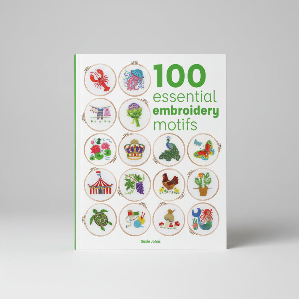 Front cover of a book titled "100 essential embroidery motifs" by Susie Jones, showing a grid of colourful embroidered motif samples on a white background.