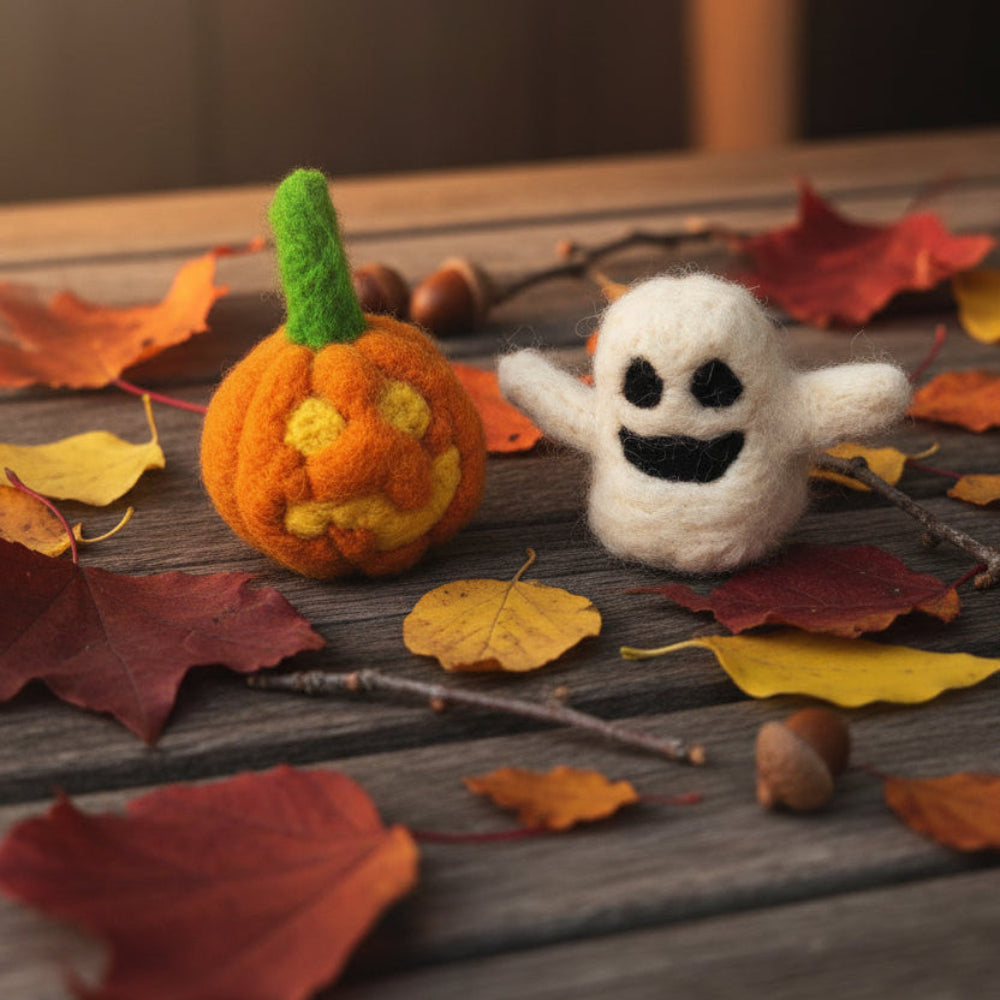 A small felted wool Halloween decoration set featuring an orange pumpkin with a green stem and a white ghost with black facial features, placed on a weathered wooden bench.