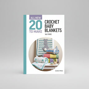 Book cover for 'All-New 20 to Make Crochet Baby Blankets' by Val Pierce, published by Search4Press, featuring a colourful crochet blanket set in a circular photo on a white background.