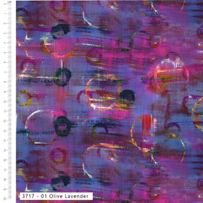 A close-up of a fabric  with an abstract, painterly design in shades of purple, pink, and blue, featuring brushstrokes and circular motifs. A white ruler scale is visible on the left side, and a label at the bottom reads '3717 - 01 Olive Lavender'.