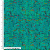 A square fabric or material swatch with an abstract geometric pattern in aqua, teal, green, and black, with a white ruler scale along the left edge and a label reading '3717 - 07 Squares Aqua' at the bottom.