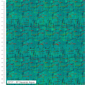 A square fabric or material swatch with an abstract geometric pattern in aqua, teal, green, and black, with a white ruler scale along the left edge and a label reading '3717 - 07 Squares Aqua' at the bottom.