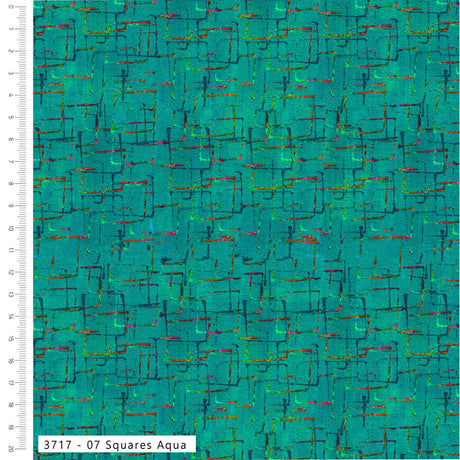 A square fabric or material swatch with an abstract geometric pattern in aqua, teal, green, and black, with a white ruler scale along the left edge and a label reading '3717 - 07 Squares Aqua' at the bottom.