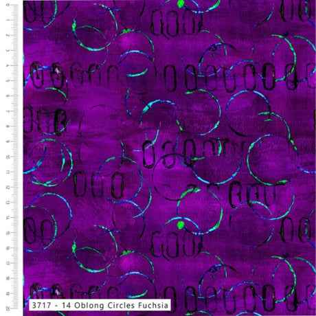 A close-up fabric or material swatch with a purple and magenta base, repeating black outlined oval motifs, and scattered bright green circular accents. A ruler scale appears along the left edge, and a label at the bottom reads '3717 - 14 Oblong Circles Fuchsia'.