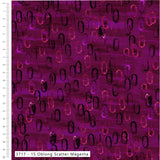 A close-up of fabric or material swatch showing a magenta-purple base with scattered irregular black and pink oval-like spots, labeled '3717 - 15 Oblong Scatter Magenta' along the bottom edge.