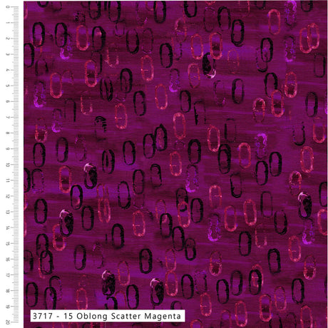 A close-up of fabric or material swatch showing a magenta-purple base with scattered irregular black and pink oval-like spots, labeled '3717 - 15 Oblong Scatter Magenta' along the bottom edge.