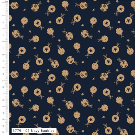 Navy blue fabric with a repeating pattern of gold baubles and stars, shown with a white measurement ruler on the left side.