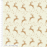 A repeating fabric pattern featuring brown stag silhouettes and small stars on a warm cream background, with a ruler along the left edge and a label at the bottom reading 3779 - 03 Cream Stag.