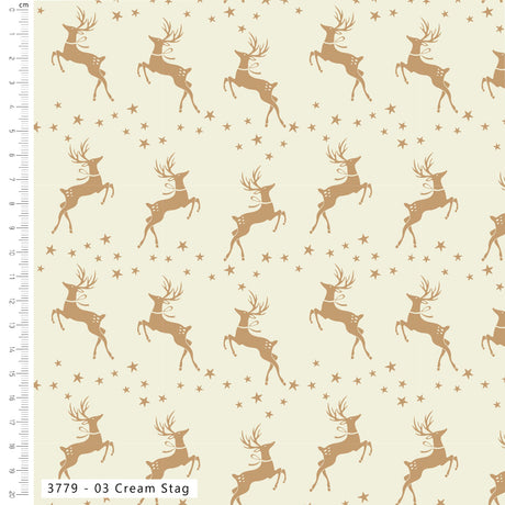 A repeating fabric pattern featuring brown stag silhouettes and small stars on a warm cream background, with a ruler along the left edge and a label at the bottom reading 3779 - 03 Cream Stag.