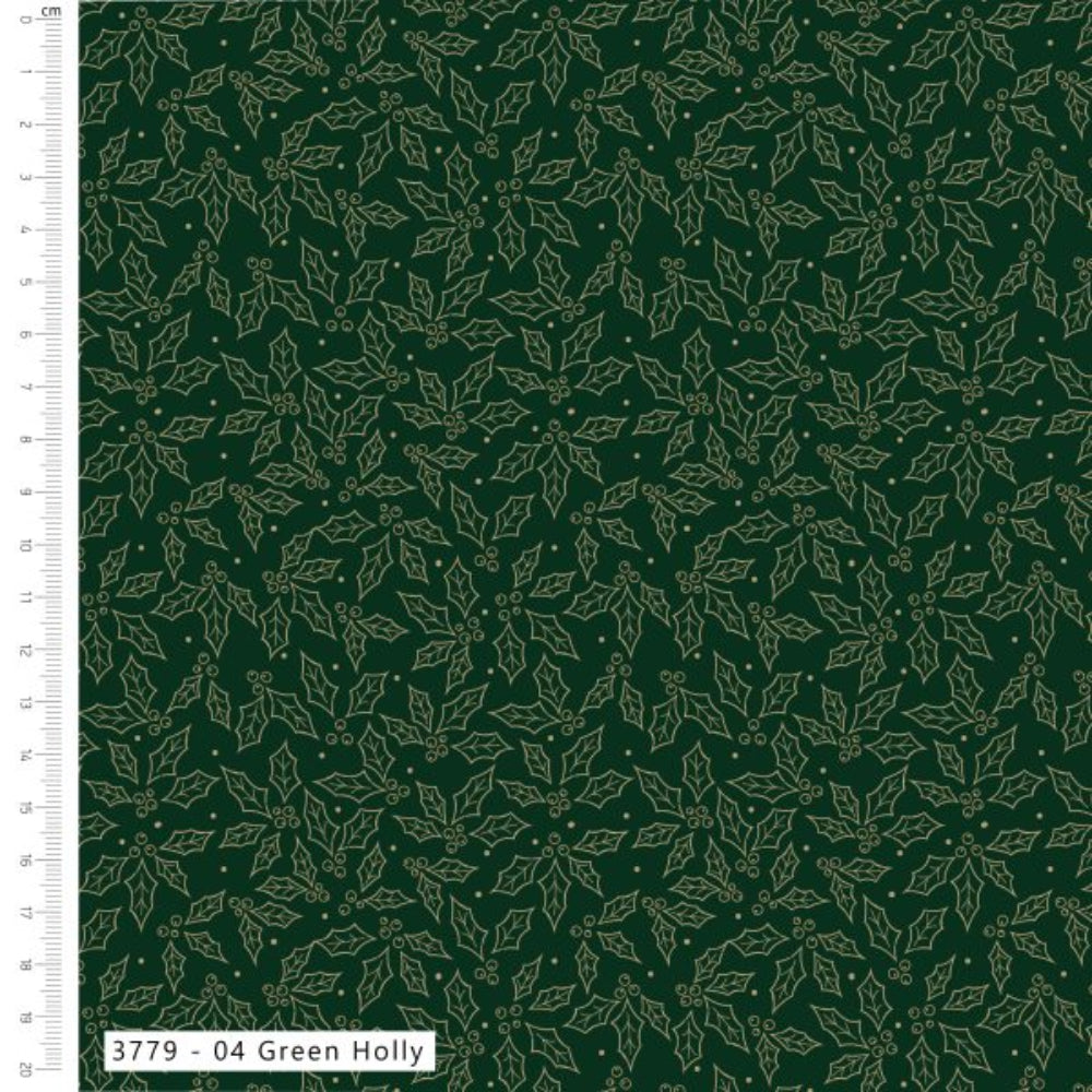 Dark green fabric with a repeating light beige holly leaf and berry pattern, shown flat with a white measurement ruler along the left edge and a label reading '3779 - 04 Green Holly' at the bottom.