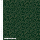 Dark green fabric with a repeating light beige holly leaf and berry pattern, shown flat with a white measurement ruler along the left edge and a label reading '3779 - 04 Green Holly' at the bottom.