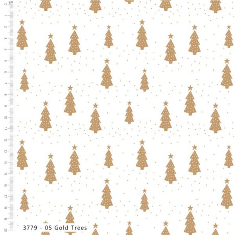 White fabric with a repeating pattern of gold Christmas trees and small gold stars, shown with a measurement ruler on the left side.