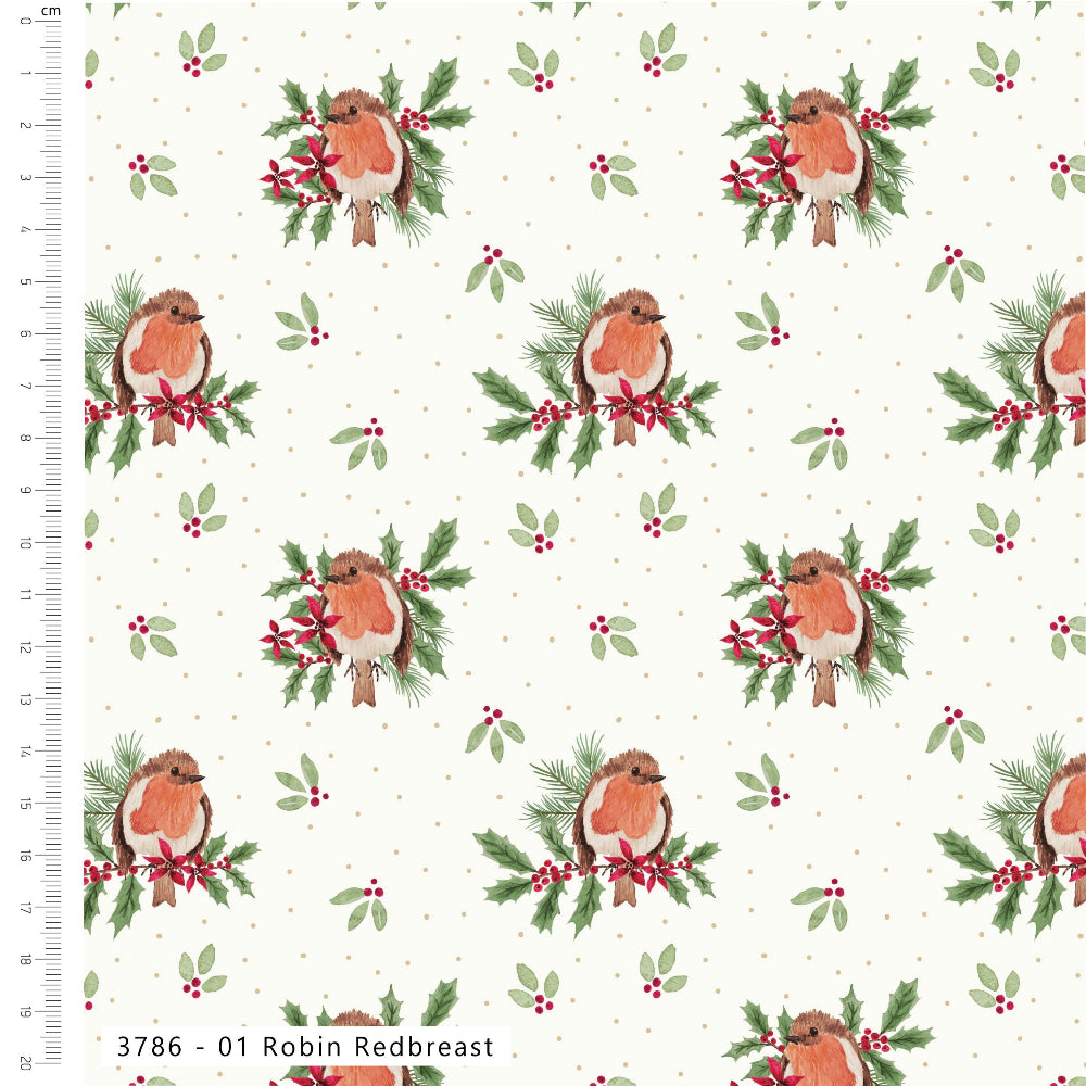 A repeating fabric pattern featuring robin birds, green holly leaves, and red berries on a white background with a small dotted motif. A ruler scale is visible along the left edge, and the text '3786 - 01 Robin Redbreast' appears at the bottom.