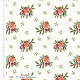 A repeating fabric pattern featuring robin birds, green holly leaves, and red berries on a white background with a small dotted motif. A ruler scale is visible along the left edge, and the text '3786 - 01 Robin Redbreast' appears at the bottom.
