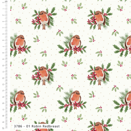 A repeating fabric pattern featuring robin birds, green holly leaves, and red berries on a white background with a small dotted motif. A ruler scale is visible along the left edge, and the text '3786 - 01 Robin Redbreast' appears at the bottom.