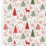 A repeating woodland Christmas pattern on a white background, featuring red and green pine trees, beige deer, red snowflakes, and small red-and-beige leafy trees. A ruler scale appears along the left edge, and the text '37877 - 01 Woodland' appears at the bottom.