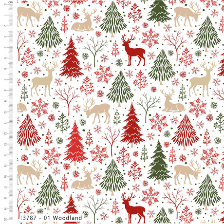 A repeating woodland Christmas pattern on a white background, featuring red and green pine trees, beige deer, red snowflakes, and small red-and-beige leafy trees. A ruler scale appears along the left edge, and the text '37877 - 01 Woodland' appears at the bottom.