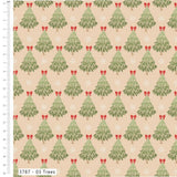 A repeating Christmas tree pattern on a warm beige background, with green pine trees, white snowflakes, and small red bows. A ruler along the left edge shows scale, and a small label at the bottom reads '3787 - 03 Trees' and 'Scalpers'.