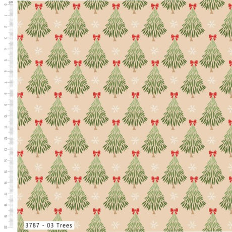 A repeating Christmas tree pattern on a warm beige background, with green pine trees, white snowflakes, and small red bows. A ruler along the left edge shows scale, and a small label at the bottom reads '3787 - 03 Trees' and 'Scalpers'.